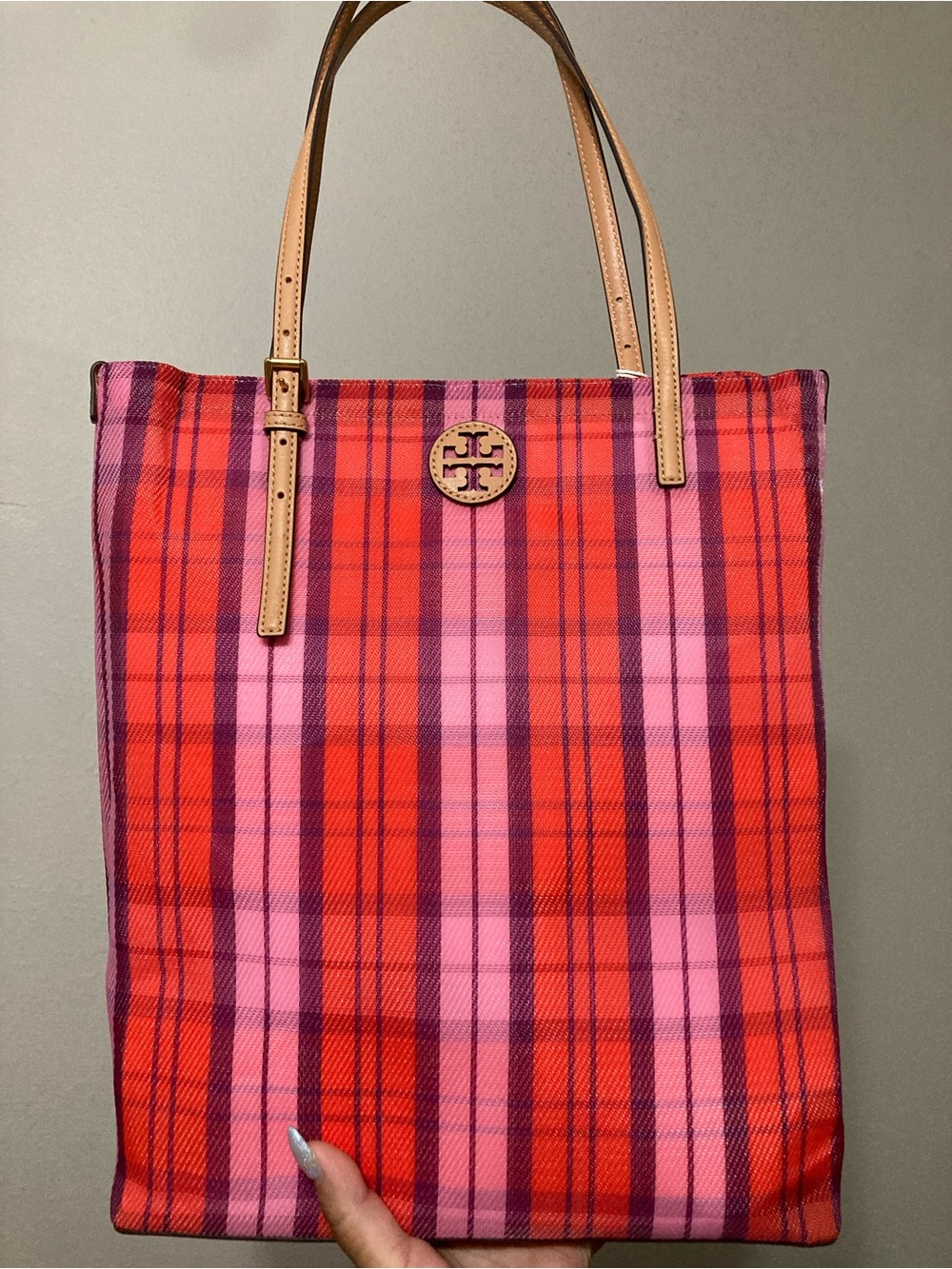 ‼️SOLD‼️Tory Burch Red and Pink Plaid Canvas Tote with Tan Straps